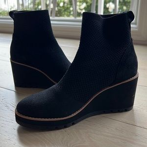 Eileen Fisher - London booties, black stretchy knit, platform 3” heel, size 8.5